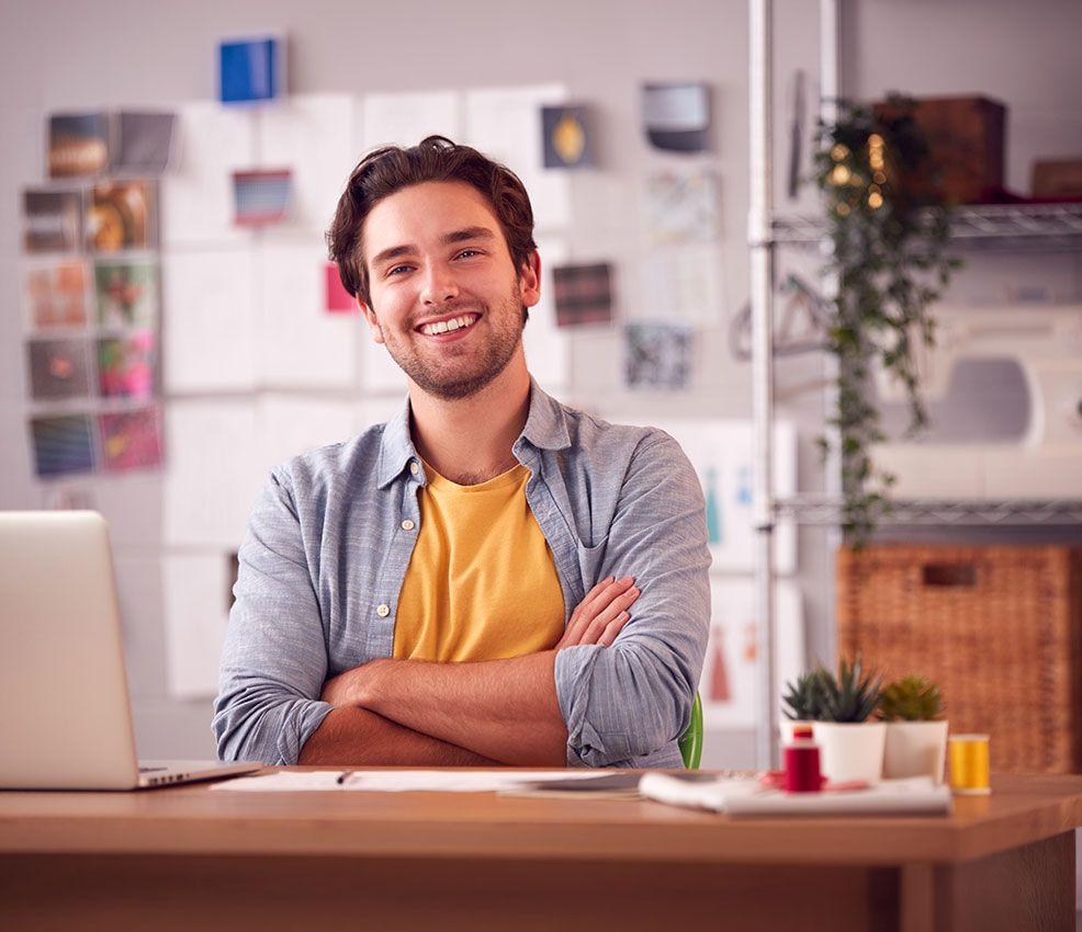 cheerful freelancer in their workspace